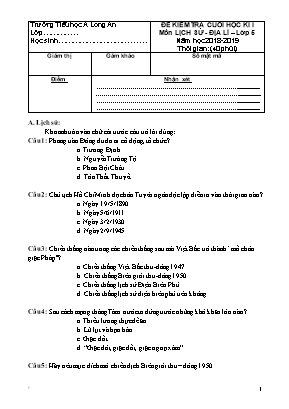 Đề kiểm tra cuối học kì 1 môn Lịch sử-Địa lí Lớp 5 - Năm học 2018-2019 (Có đáp án)